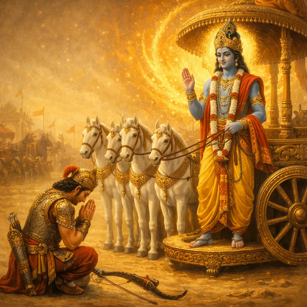 Lord Śrī Kṛṣṇa instructs Arjuna on the battlefield of Kurukṣetra