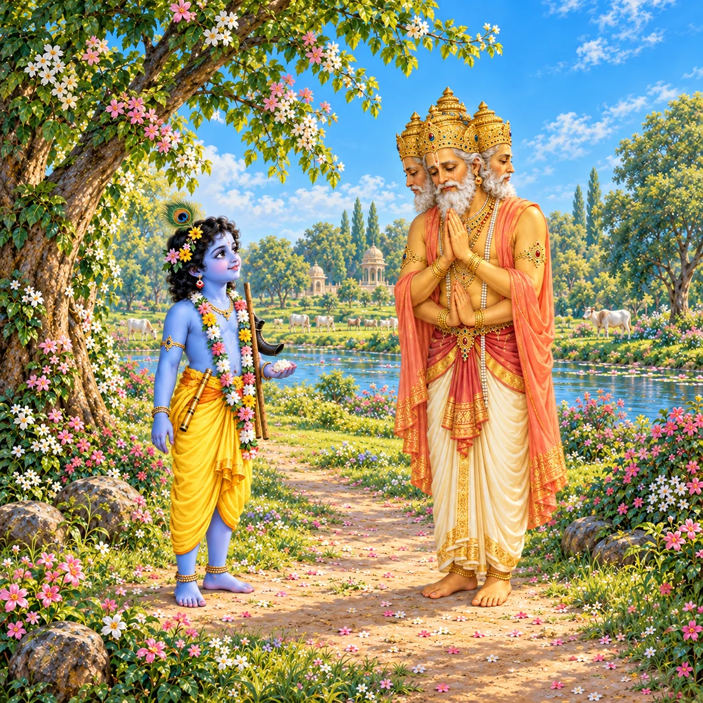Four-headed Brahma stands with head bowed and folded hands before young Krishna holding food in His left hand