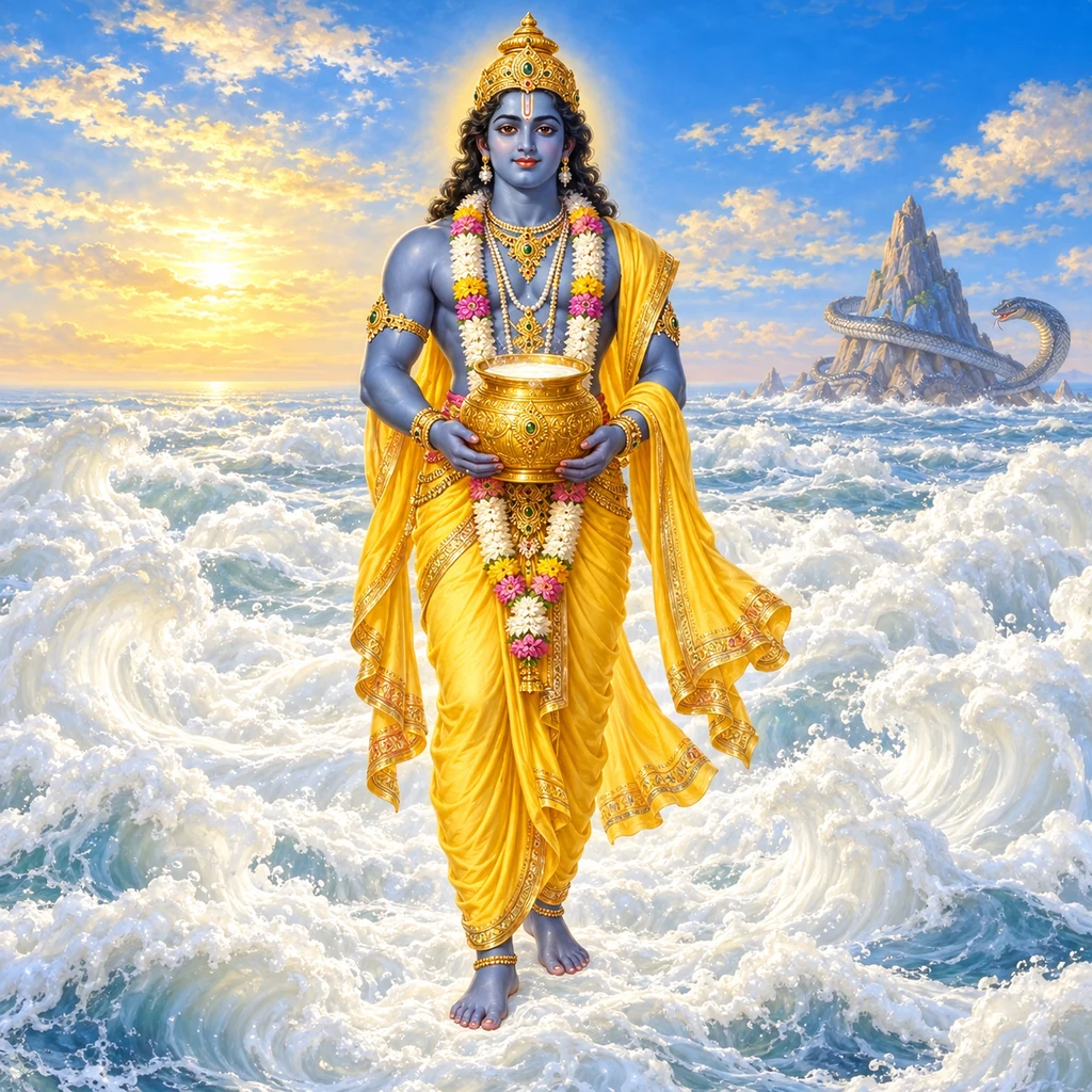 Youthful dark-complexioned Dhanvantari in yellow garments and a flower garland holds a vessel of nectar above the waves of the Ocean of Milk