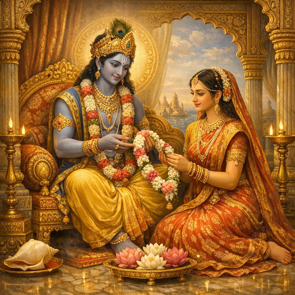 Dvārakā‑dhāma‑līlā: Kṛṣṇa with Rukmiṇī in the palace — enlarged view