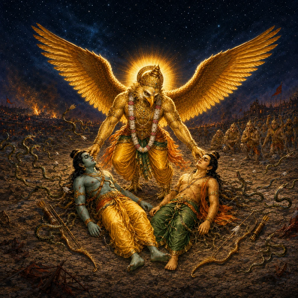Garuda touches Lord Rama and Lakshmana as Indrajit’s serpent-arrows flee — enlarged view