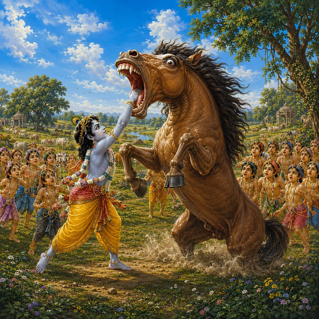 Kesi-vadha-lila — Lord Krishna destroys the horse-demon Kesi — enlarged view