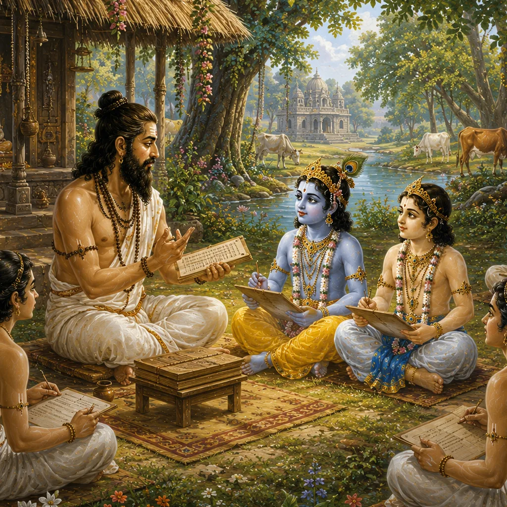 Krishna and Balarama study under Sandipani Muni — enlarged view