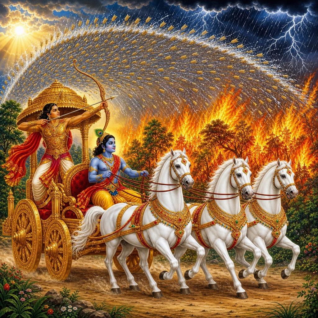 Krishna drives Arjuna’s chariot while Arjuna blocks Indra’s rain above the burning Khāṇḍava forest — enlarged view