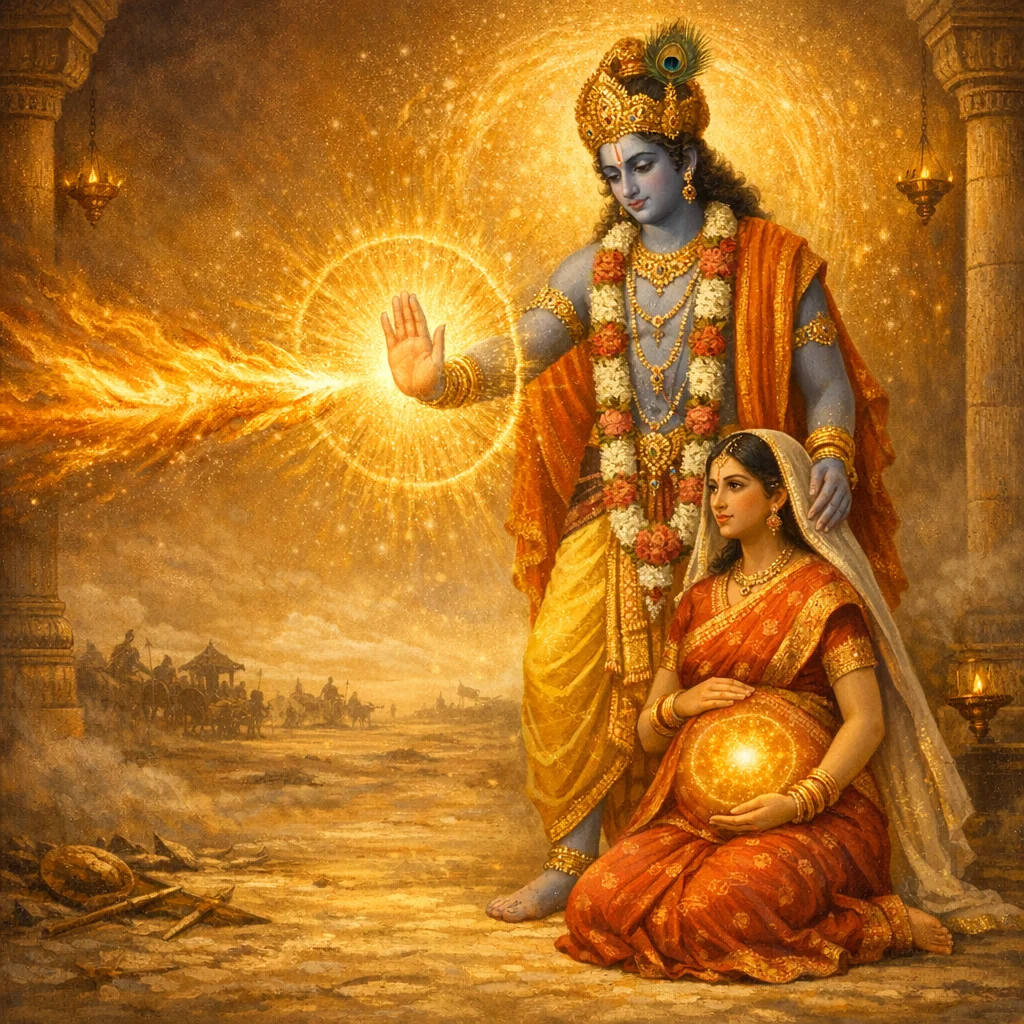Krishna protects Uttara and the unborn Parikshit — divine shield of mercy — enlarged view