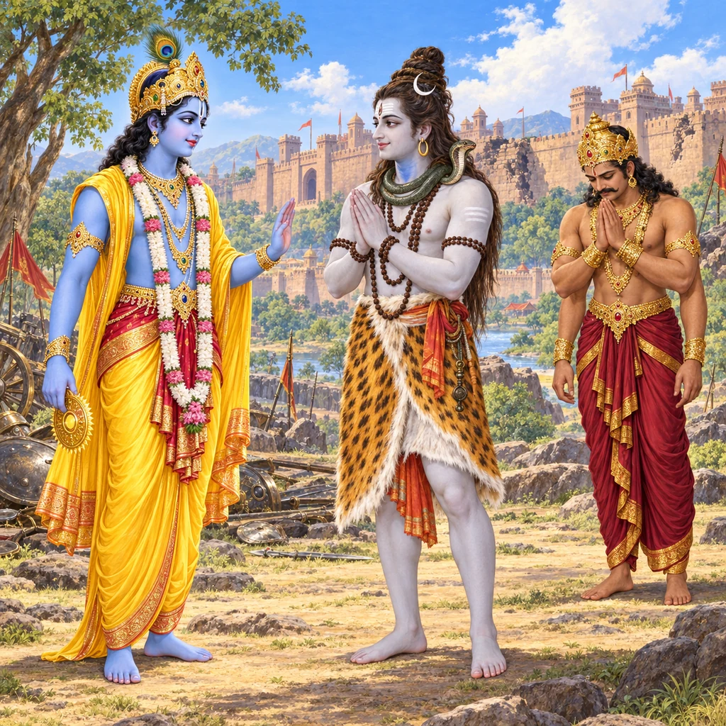 Krishna holding the Sudarshana disc grants mercy to four-armed Banasura, with Shiva standing beside him in intercession