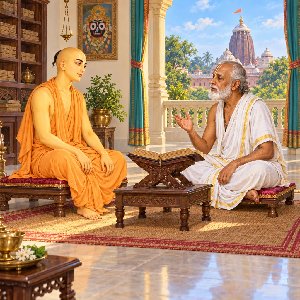 Golden Śrī Caitanya Mahāprabhu attentively hears elderly Sārvabhauma Bhaṭṭācārya while a Vedānta manuscript rests on a raised wooden stand
