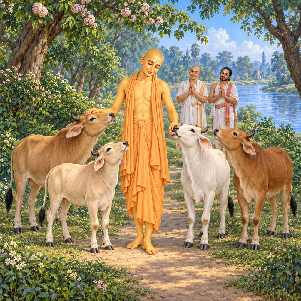 Golden Śrī Caitanya Mahāprabhu in saffron cloth caresses the cows on a forest path in Vṛndāvana