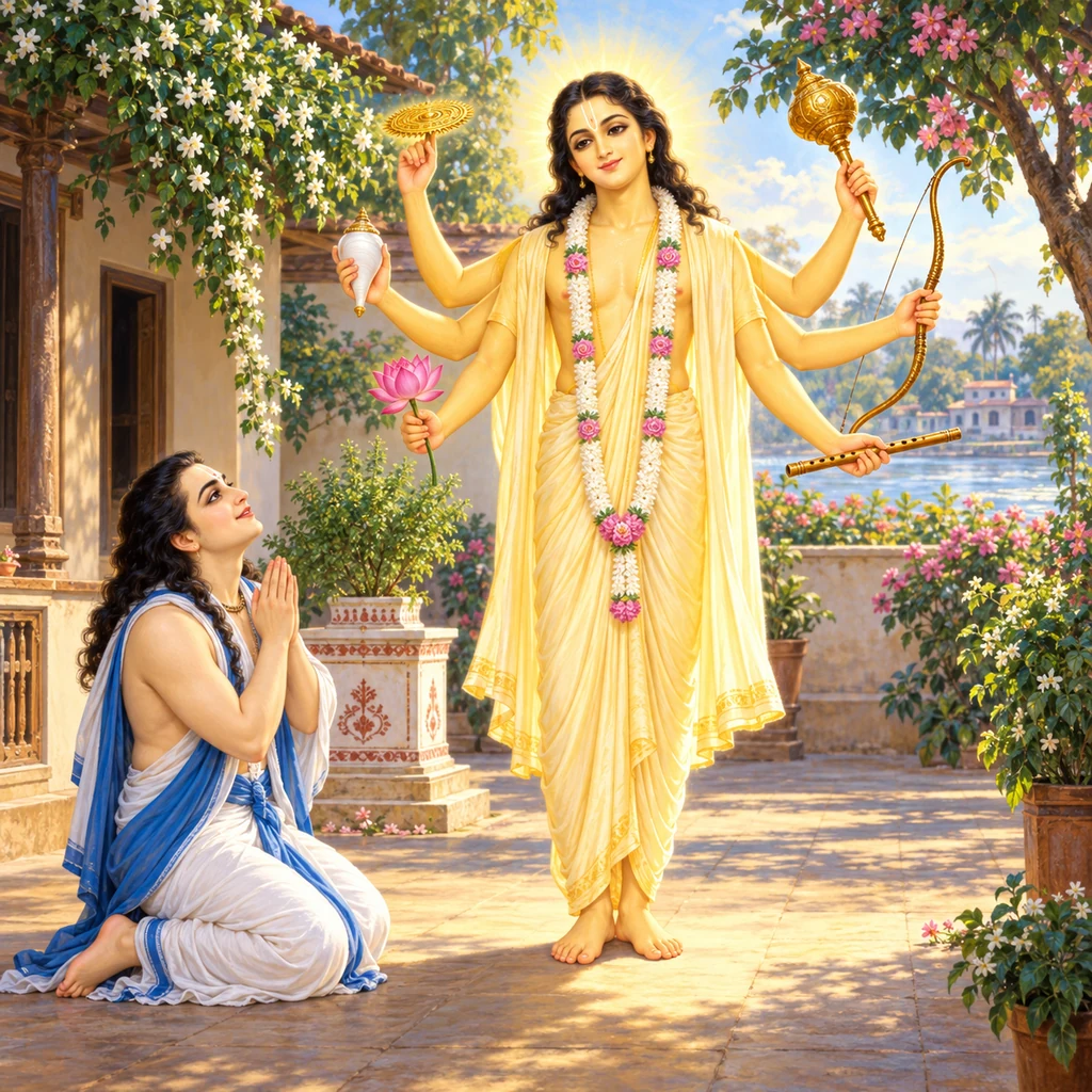 Golden Lord Caitanya reveals to Nityananda Prabhu a six-armed form bearing a conch, disc, club, lotus, bow and flute
