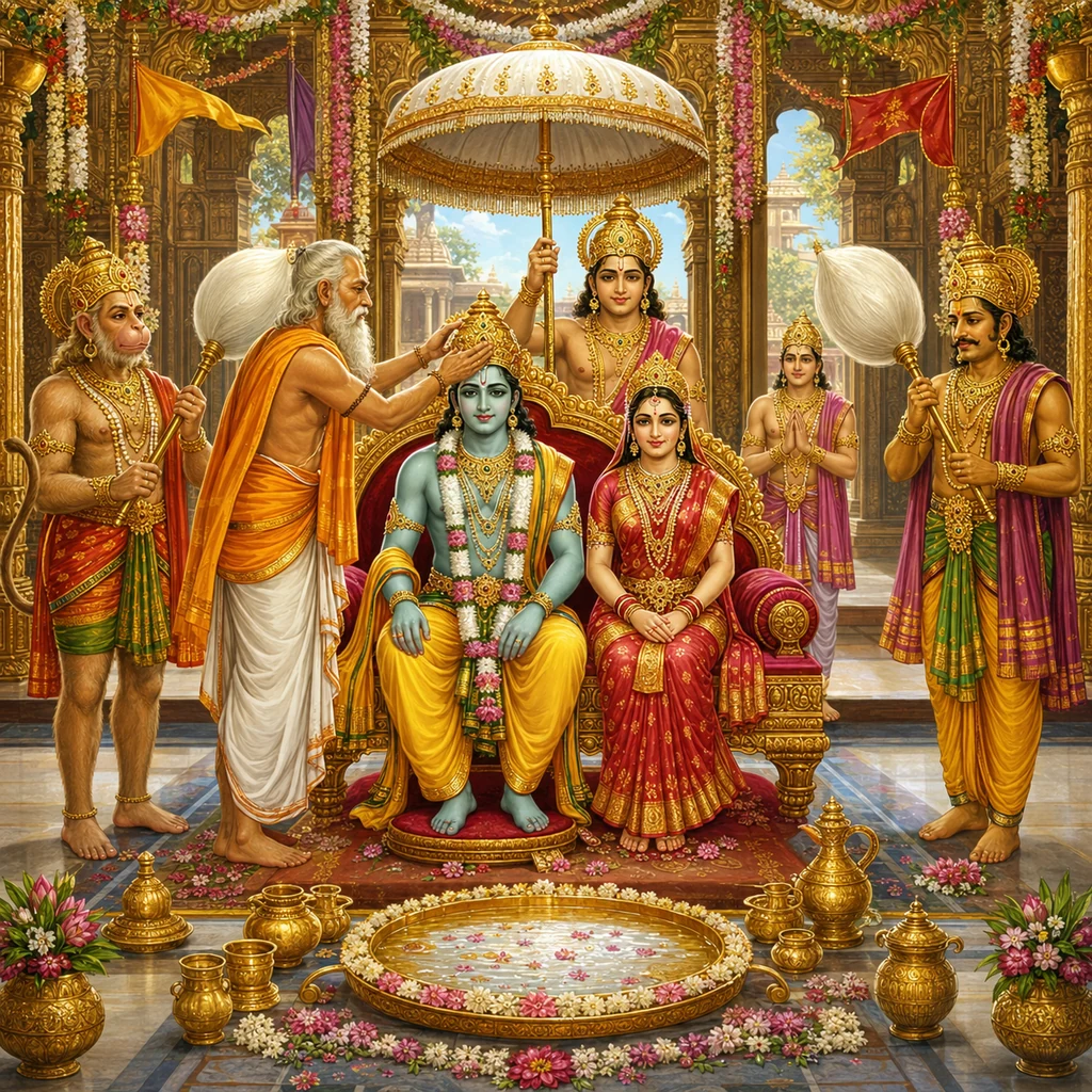 Vasistha crowns Lord Rama seated with Sita while Shatrughna, Sugriva and Vibhishana serve — enlarged view