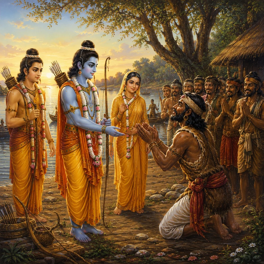 Lord Rama meets Guha by the Ganga — enlarged view