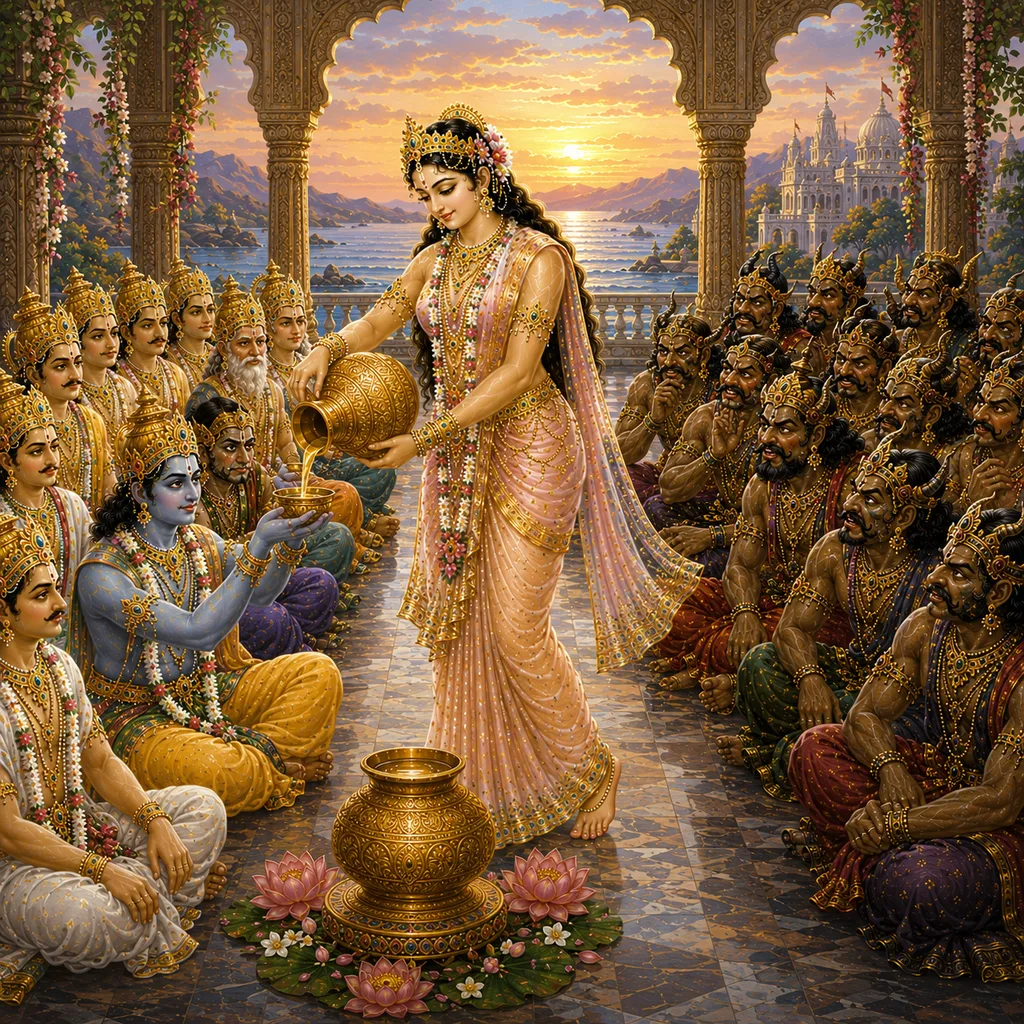 Mohini-murti distributes the nectar to the demigods — enlarged view