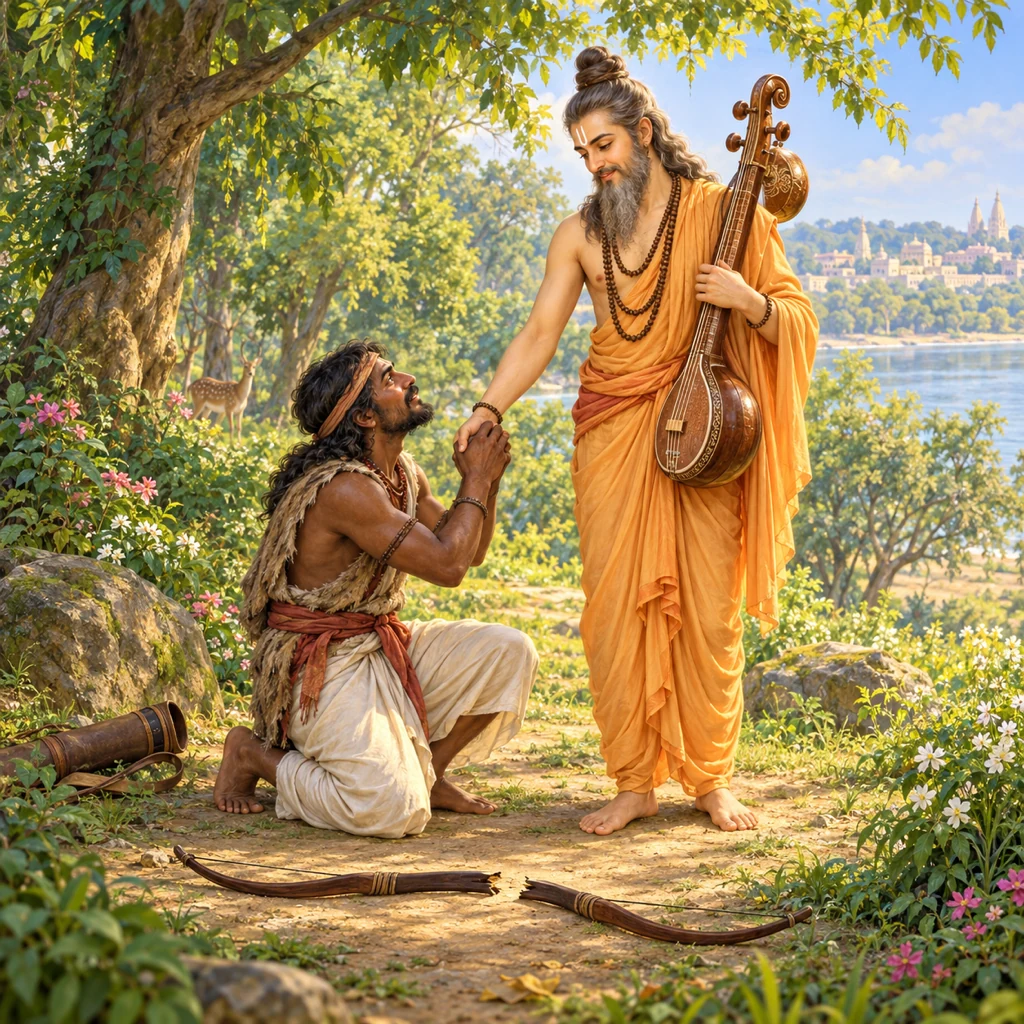 The hunter Mrgari kneels beside his broken bow as Narada Muni raises him in a forest clearing