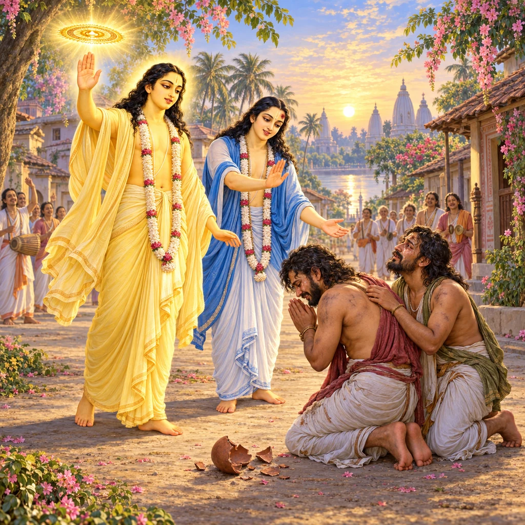 Golden Śrī Caitanya Mahāprabhu and Nityānanda Prabhu bestow mercy upon the repentant Jagāi and Mādhāi in Navadvīpa
