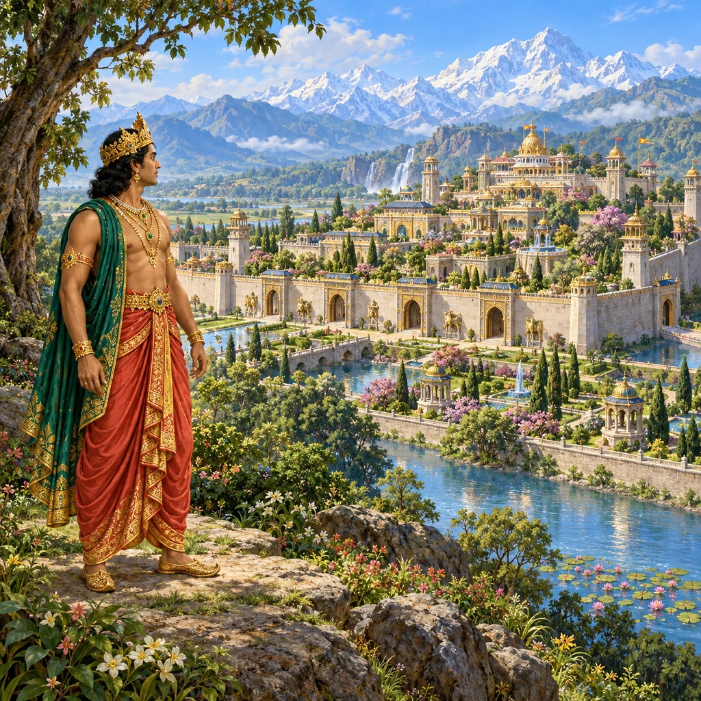 King Puranjana, shown from head to foot, beholds a fortified city with gardens and towers against a Himalayan backdrop