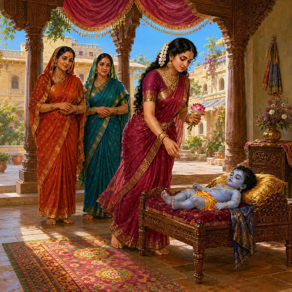 Putana holding a lotus approaches infant Krishna on His bed, with Yashoda and Rohini standing behind