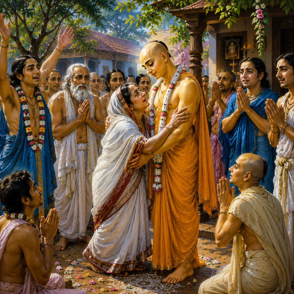 Saci-mata sees the Lord after sannyasa — sacred separation at Shantipura — enlarged view