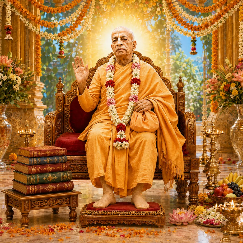 Śrīla Prabhupāda seated on the vyāsāsana amid flowers, lamps, books and offerings for Vyāsa-pūjā — enlarged view
