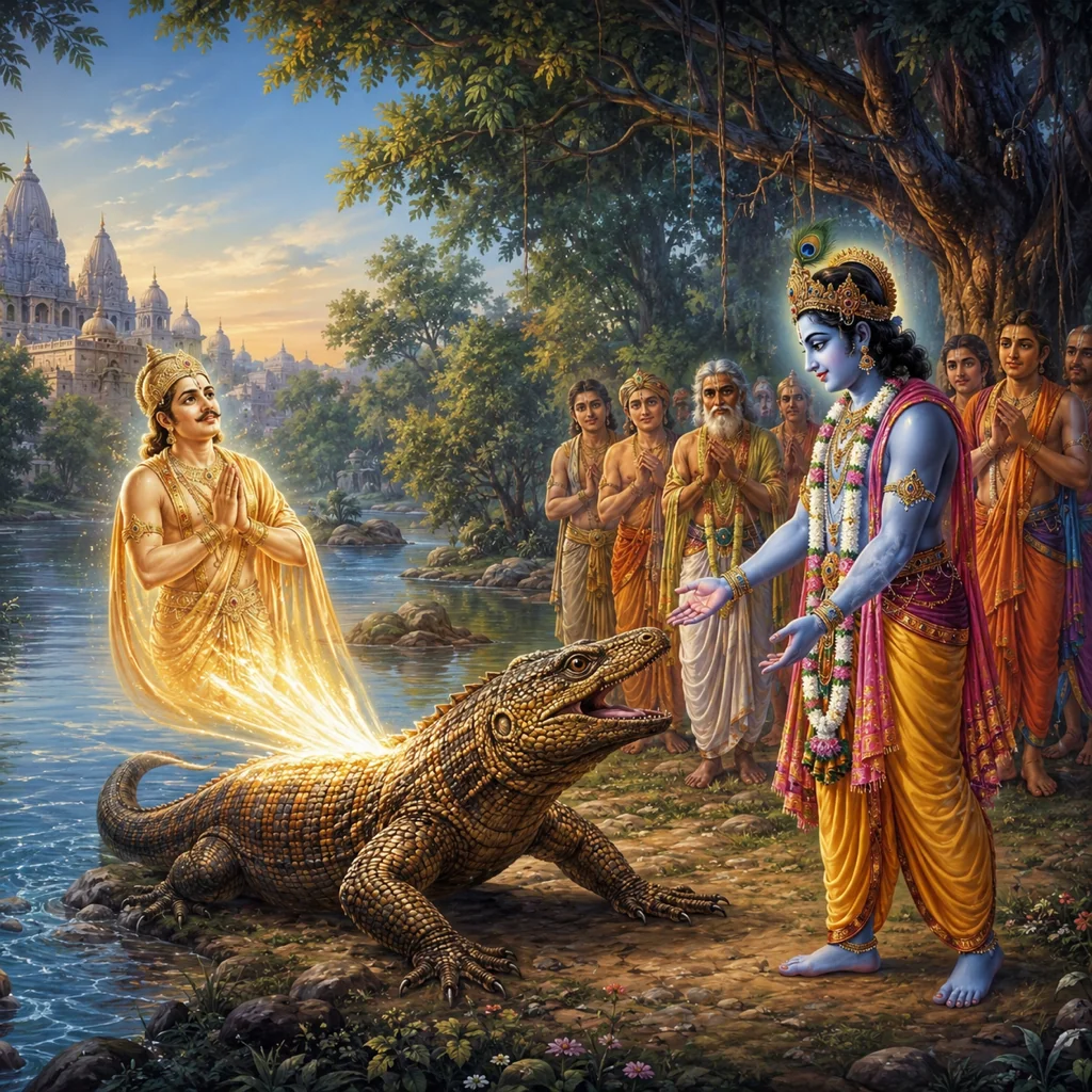 Krishna frees King Nriga from the body of a lizard — enlarged view