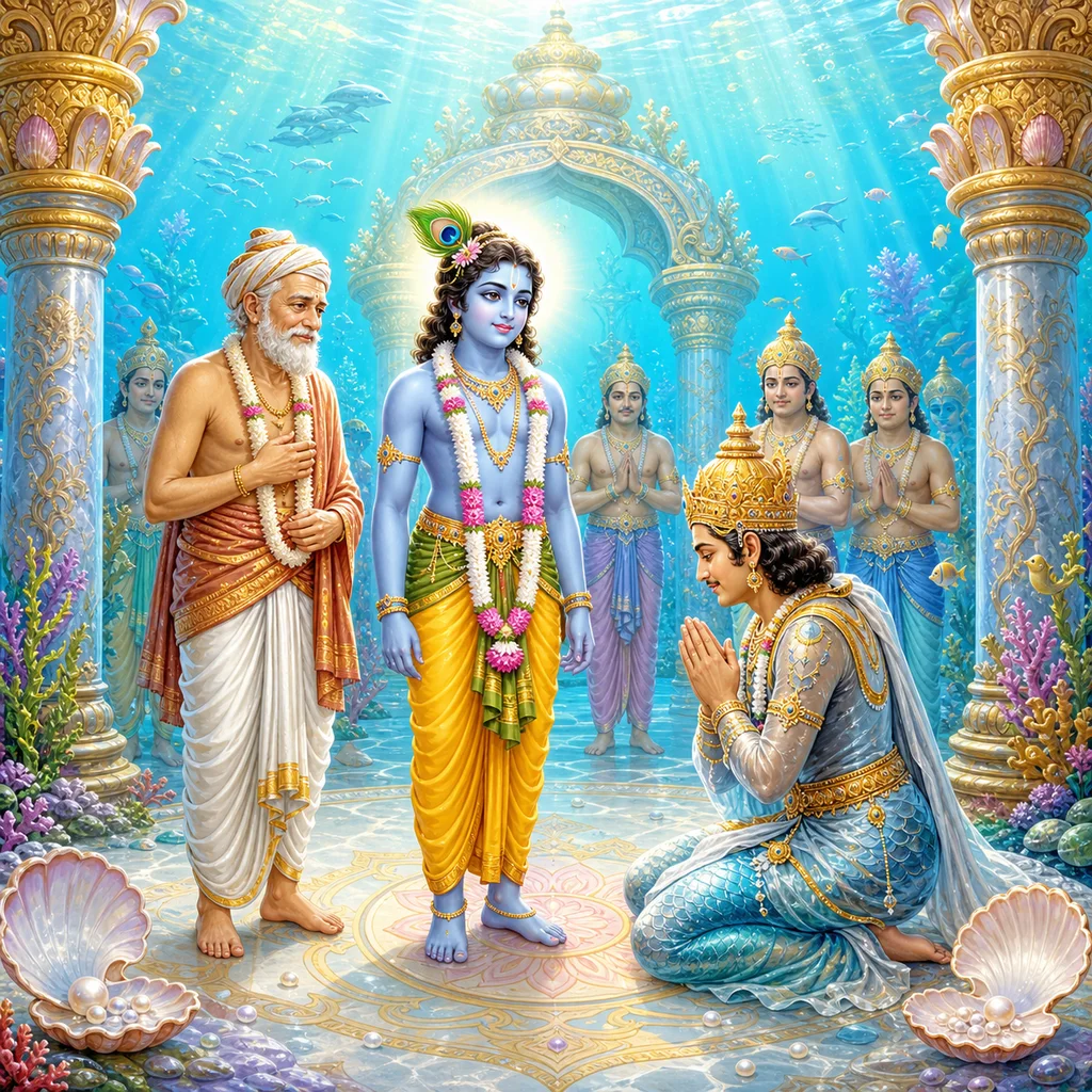 Varuna honors Lord Krishna and returns Nanda Maharaja — enlarged view