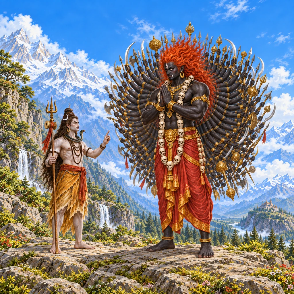 Towering dark-complexioned many-armed Virabhadra joins his foremost palms before Lord Shiva; both figures are fully visible against a mountain landscape